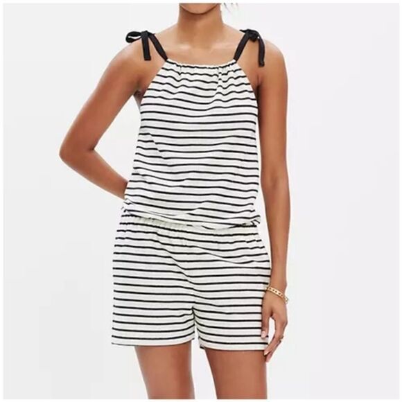 Madewell Black stripe white Tie-Shoulder Romper preppy coastal minimal sailor XS - Picture 1 of 8